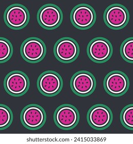 Abstract watermelon dots seamless pattern. Bright circle on black background. Vector illustration.