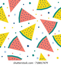 Abstract watermelon seamless pattern background. Childish handmade craft for design card, cafe menu, wallpaper, summer gift album, scrapbook, holiday wrapping paper, bag print, t shirt etc.