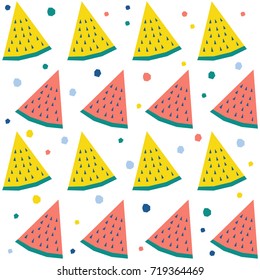 Abstract watermelon seamless pattern background. Childish handmade craft for design card, cafe menu, wallpaper, summer gift album, scrapbook, holiday wrapping paper, bag print, t shirt etc.