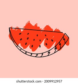 Abstract watermelon slice on the pink background. Vector summer illustration of outlined watermelon with brush stroke