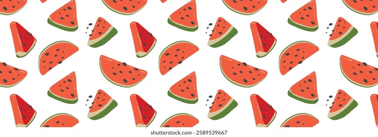 Abstract watermelon slices pattern in flat style. Vector seamless background. Summer freshness for health with natural watermelon flavor. For background, juice, ice cream or packaging.