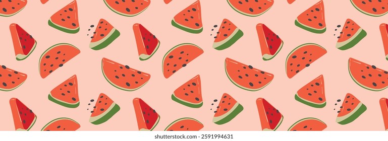 Abstract watermelon slices pattern in flat style. Vector seamless background. Summer freshness for health with natural watermelon flavor. For background, juice, ice cream or packaging.