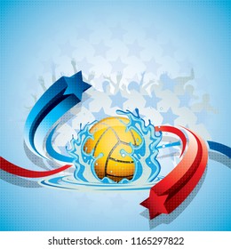 Abstract waterpolo ball in a background with a water splash, blue and red arrows and fans