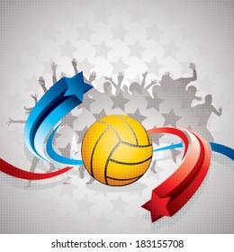 Abstract waterpolo ball background with yellow waterpolo ball, blue and red arrows and watchers