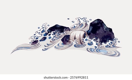 Abstract wave art with rocks, flowing water, and waves. Dynamic waves crash against rocks. Water and waves create a rhythmic, flowing motion around rocks. Vintage nature illustration isolated, vector.