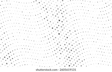 Abstract wave background with 4-pointed stars. Gray colors stars in waves over white background.