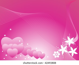 abstract wave background with collection of pink romantic heart, blossoms
