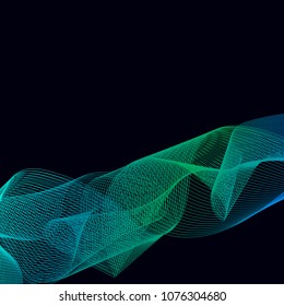 Abstract wave background. Colorful lines. Vector wallpaper. Green and blue lines on dark background.
