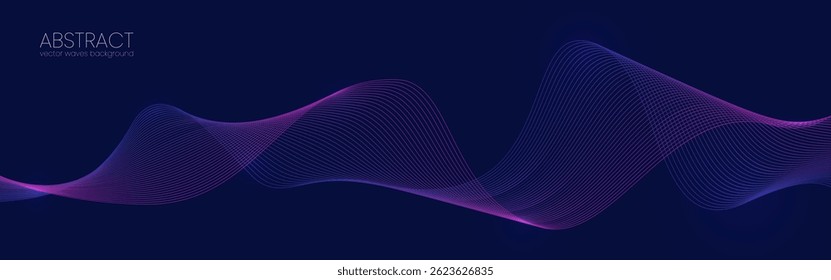 Abstract wave background with flowing neon lines on dark blue. Smooth moving lines. Modern sound design with gradient shape. Elegant futuristic style. Vector Illustration.