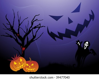 abstract wave background with halloween pumpkin, dry tree and witch
