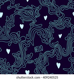 Abstract wave background, hand drawn seamless pattern, dark background with blue curly lines and hearts, Eps 8