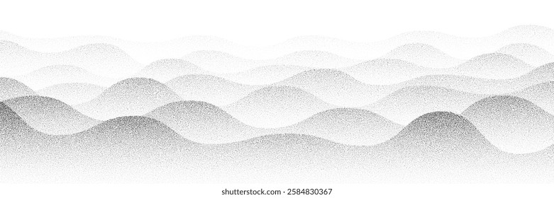 Abstract wave background with noise grain dot pattern with halftone gradation and sand dust grunge effect. Vector abstract background with grain noise texture and wavy pattern of waves in paint brush