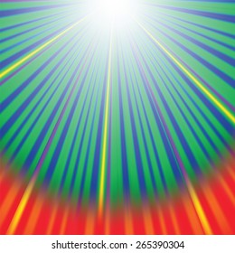 Abstract Wave Background with Red,  Yellow, Green Rays. Rays diverging in different directions.