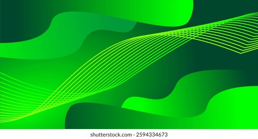 abstract wave background in various shades of green. The background consists of fluid, curving shapes layered to create depth, along with thin, neon-green curved lines that add a dynamic effect.