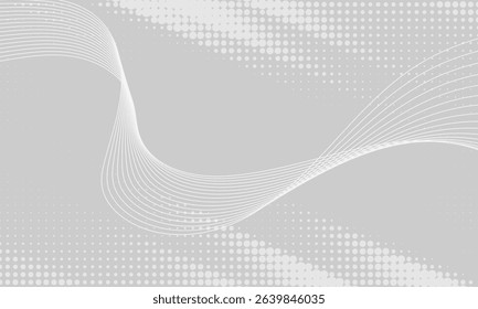 Abstract wave background with white flowing lines and halftone dot texture on a soft gray surface. Perfect for tech, business, or minimalist-themed designs and modern digital layouts.