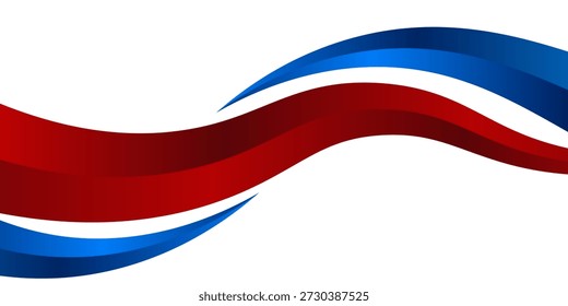 Banner de onda abstrata com faixas curvas em camadas vermelhas e azuis criando movimento dinâmico em um fundo branco limpo, adequado para marcas corporativas e layouts modernos. 