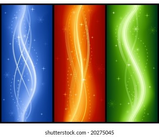 Abstract wave banners with stars, elegant, festive, glowing for Christmas, New Years Eve, anniversaries, etc. 7 global colors, 3 linear gradients per banner, no mesh