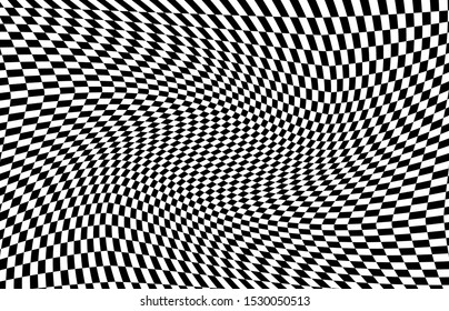Abstract wave black and white chess background. Geometric distorted chess black and white color pattern. Vector illustration.