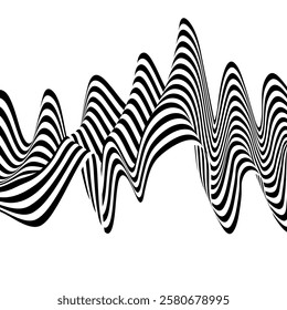 Abstract wave with black and white line pattern. 3D optical background in psychedelic style.