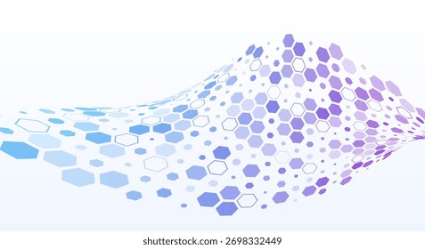 Abstract wave of blue and purple hexagons on a white background. Modern geometric technology concept for digital design, science, and innovation visuals.