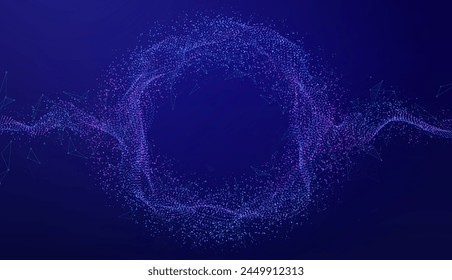 Abstract wave burst of glowing dot particles, neural networks. Digital technology background of wireless big data transmission, internet network, network security.