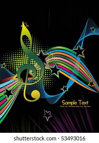 onda abstracta, fondo de franjas coloridas con notas musicales