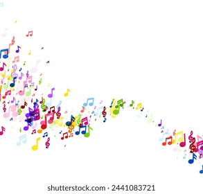 An abstract wave composed of a dense cluster of colorful musical notes cascading across a white background, embodying the flow of music.