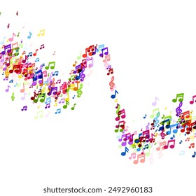 An abstract wave composed of a dense cluster of colorful musical notes cascading across a white background, embodying the flow of music.