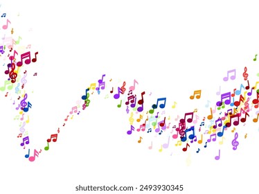 An abstract wave composed of a dense cluster of colorful musical notes cascading across a white background, embodying the flow of music.