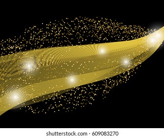 Abstract wave design element of gold color with glitter effect on a dark background. Comet. Vector illustration