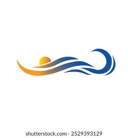 Diseño Abstractas de la onda con la puesta del sol y los Elementos del océano. Diseño abstracto colorido que presenta líneas onduladas que simbolizan el océano y una puesta del sol vibrante. Ideal para branding creativo, temas de verano
