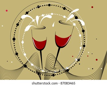 abstract wave, dots background with set of champagne glass