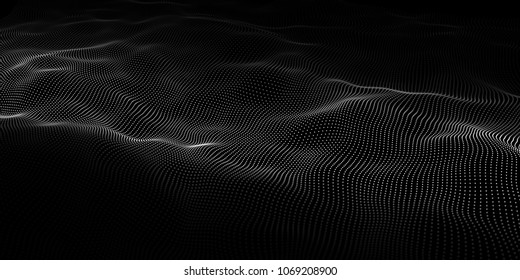 Abstract Wave Dots In Dark Background. Technology Vector Background. Big Data.