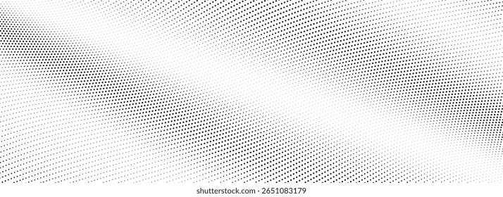 Abstract wave dotted line background. Tech dynamic dash stripe texture. Black warped and curved lines wallpaper for design template, presentation, brochure, leaflet, booklet. Vector halftone backdrop