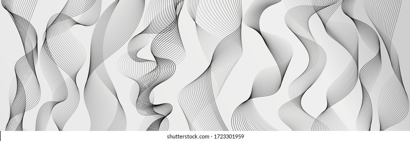 Abstract wave element for design. Big Set. Digital frequency track equalizer. Stylized line art background. Vector illustration. Wave with lines created using blend tool.Curved wavy line Smooth stripe