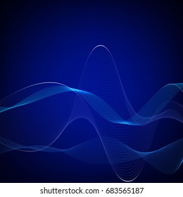 Abstract wave element for design. Blue. Digital frequency track equalizer. Stylized line art background. Colorful shiny wave with lines created using blend tool. Curved wavy line, smooth stripe Vector
