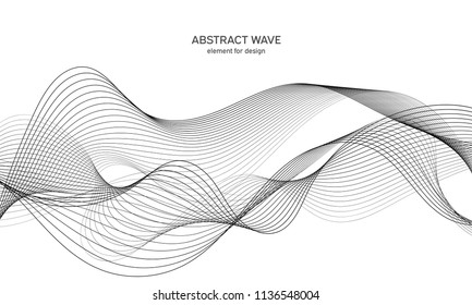 Abstract wave element for design. Digital frequency track equalizer. Stylized line art background. Vector illustration. Wave with lines created using blend tool. Curved wavy line, smooth stripe.