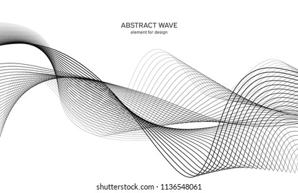 Abstract wave element for design. Digital frequency track equalizer. Stylized line art background. Vector illustration. Wave with lines created using blend tool. Curved wavy line, smooth stripe.