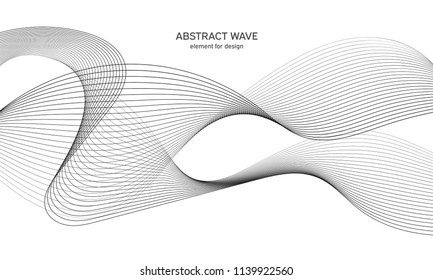 Abstract wave element for design. Digital frequency track equalizer. Stylized line art background. Vector illustration. Wave with lines created using blend tool. Curved wavy line, smooth stripe.