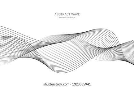 Abstract wave element for design. Digital frequency track equalizer. Stylized line art background. Vector illustration. Wave with lines created using blend tool. Curved wavy line, smooth stripe.