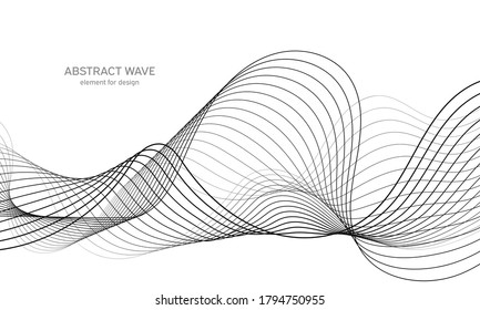Abstract wave element for design. Digital frequency track equalizer. Stylized line art background. Vector illustration. Wave with lines created using blend tool. Curved wavy line, smooth stripe.