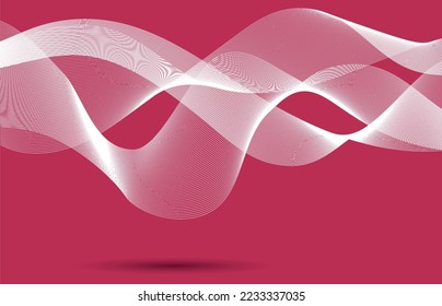 Abstract wave element for design. Digital frequency track equalizer. Colorful shiny wave with lines created using blend tool. Curved wavy line, smooth stripe. Viva Magenta color background