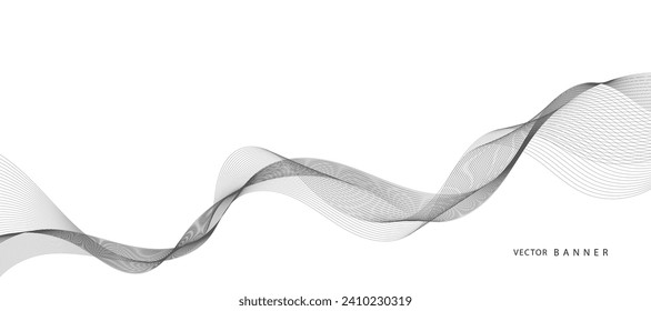 Abstract wave element for design. Digital frequency track equalizer. Stylized line art background. Vector illustration. Wave with lines created using the blend tool. Curved wavy line, smooth stripe.