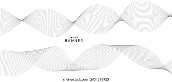 Abstract wave element for design. Digital frequency track equalizer. Stylized line art background. Vector illustration. Wave with lines created using blend tool. Curved wavy line, smooth stripe.