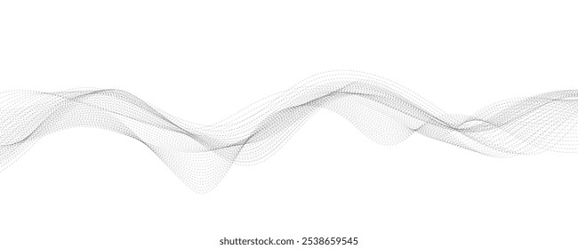 Abstraktes Wellenelement für Design. Digitaler Frequenzspurentzerrer. Stilisierter Kunsthintergrund. Vektorgrafik. Welle mit Linien, die mit dem Verrundungswerkzeug erzeugt wurden. Gebogene wellenförmige Linie, glatter Streifen.