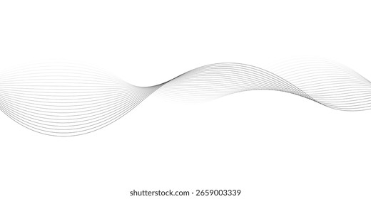 Abstraktes Wellenelement für Design. Digitaler Frequenzspurentzerrer. Stilisierter Kunsthintergrund. Vektorgrafik. Welle mit Linien, die mit dem Verrundungswerkzeug erzeugt wurden. Gebogene wellenförmige Linie, glatter Streifen.