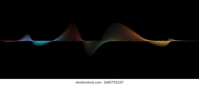 Elemento de onda abstrato para projeto. Onda sonora de movimento equalizador de faixa de frequência digital. Plano de fundo da arte em linha estilizada. Linha ondulada curva vetorial sobre plano de fundo preto