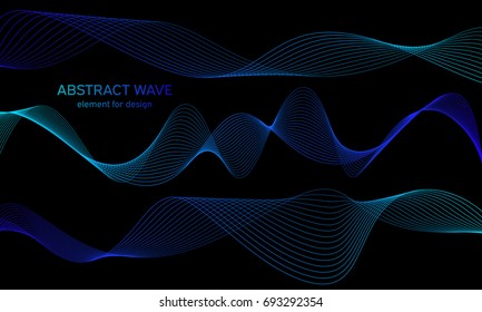 Abstract wave element for design. Digital frequency track equalizer. Stylized line art background. Colorful shiny wave with lines created using blend tool. Curved wavy line, smooth stripe. Vector.