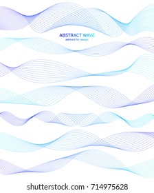 Abstract wave element for design. Digital frequency track equalizer. Stylized line art background. Colorful shiny wave with lines created using blend tool. Curved wavy line, smooth stripe. Vector. Set