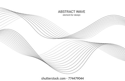 Abstract wave element for design. Digital frequency track equalizer. Stylized line art background. Vector illustration. Wave with lines created using blend tool. Curved wavy line, smooth stripe.